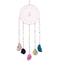 Natural Rose Quartz & Agate Window Hanging Pendant Decorations, with Leather Cord & Glass & Iron Ring, Woven Web/Net