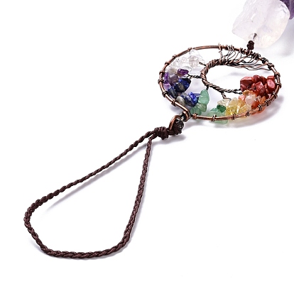 Natural Gemstone Big Pendant Decorations, with Brass Findings and Nylon Tassel, Tree of Life, Chakra