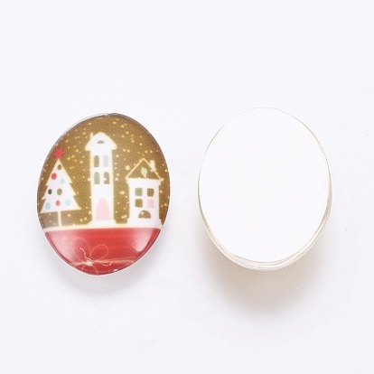 DIY Pendants Making, with Christmas Theme Glass Oval Flatback Cabochons and Tibetan Style Alloy Pendant Cabochon Settings, Oval