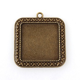 Vintage Tibetan Style Alloy Pendant Cabochon Bezel Settings, Cadmium Free & Nickel Free & Lead Free, Square Tray: 30x30mm, 45x41x2mm, Hole: 3mm, about 100pcs/kg