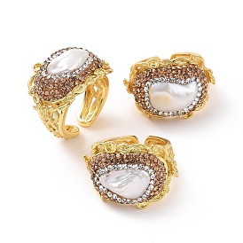 Natural Pearl Open Cuff Finger Ring with Rhinestone, Golden Brass Wide Ring for Women