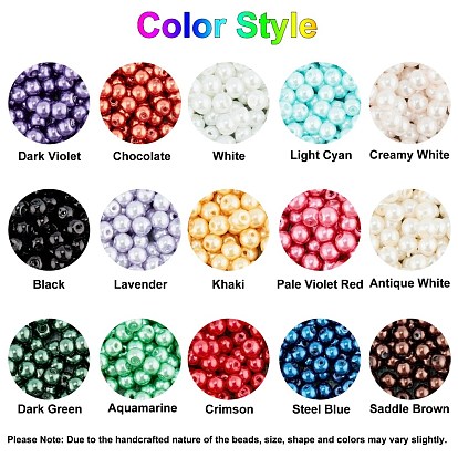 15 Color Glass Pearl Beads, Dyed, Round