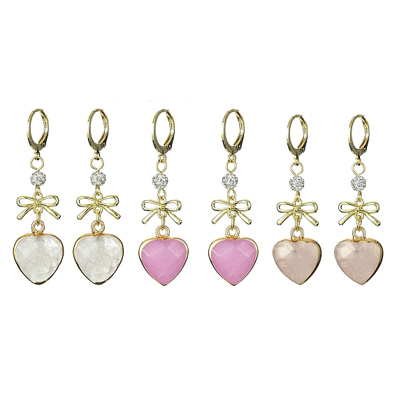 Natural Mixed Gemstone Heart & Bowknot Drop Earrings, 304 Stainless Steel Leverback Earrings