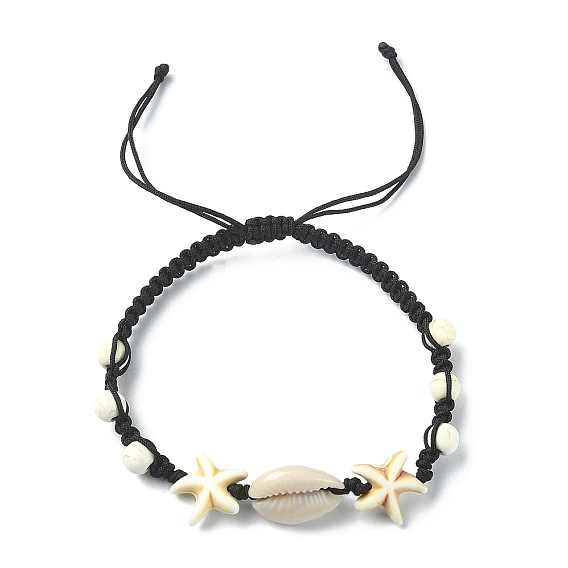 Bracelet en coquillage naturel et perles synthétiques tressées turquoise, bracelet réglable étoile de mer