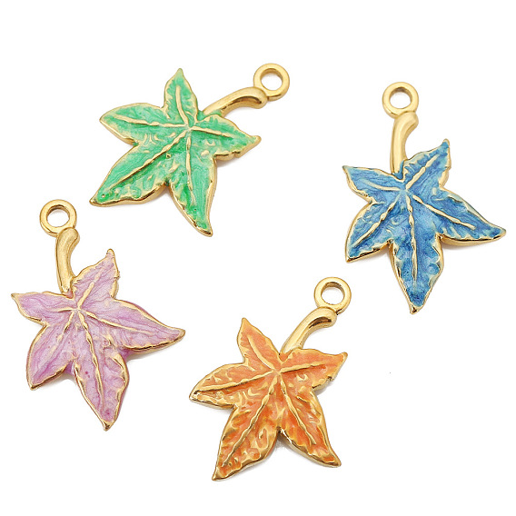 Stainless Steel Pendants, with Enamel, Golden, Maple Leaf Charm