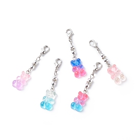 Transparent Gradient Color Resin Bear Pendant Decorations, Non-magnetic Synthetic Hematite Beaded Lobster Clasp Charms, Clip-on Charms, for Keychain, Purse, Backpack Ornament, Stitch Marker
