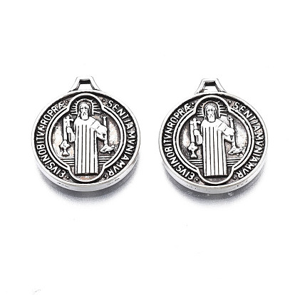 Tibetan Style Alloy Pendants, Cadmium Free & Lead Free, Flat Round with Cssml Ndsmd Cross God Father Religious Christianity