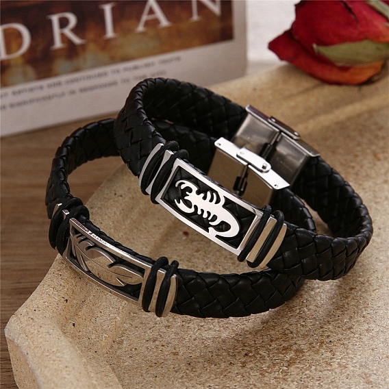 Bracelets de corde tressée en cuir, bracelet scorpion/feuille en acier inoxydable avec boucle