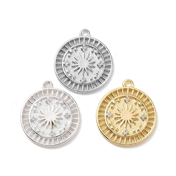 Ion Plating(IP) Brass Micro Pave Clear Cubic Zirconia Pendants, Flat Round with Sun