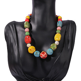 Handmade Ethnic Style Collarbone Chain with Ceramic Pendant, Creative and Versatile Fashion Accessory