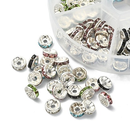 120Pcs 6 Colors Iron Flat Round Spacer Beads Sets, Silver Color, with Rhinestone