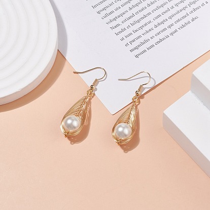 Shell Pearl Braided Teardrop Dangle Earrings, Brass Wire Wrap Jewelry for Women