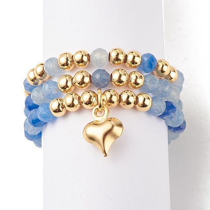 3Pcs 3 Style Natural Gemstone & Brass Beaded Finger Rings with 304 Stainless Steel Heart Charms for Women