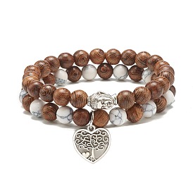 Wood & Synthetic Howlite Beaded Stretch Bracelet Sets, 3D Buddha Head & Heart Alloy Charm Stackable Bracelets for Women