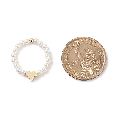 Shell Pearl & Brass Heart Beaded Stretch Rings for Women