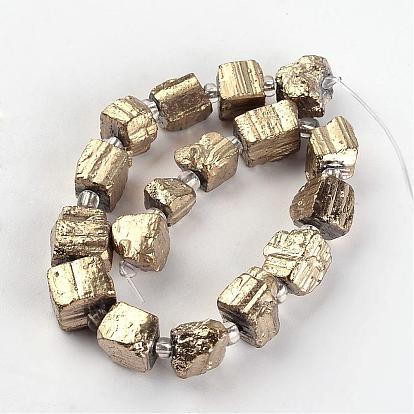 Nuggets Electroplated Natural Pyrite Beads Strands, 7~12x7~10x6~12mm, Hole: 1~1.5mm, about 15~18pcs/strand, 7.5~7.9 inch