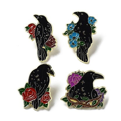 Crow & Flower Enamel Pins, Light Gold Alloy Brooch for Backpack Clothes