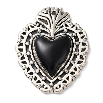Alloy Pendants, with Black Enamel, Antique Silver, Cross & Heart Charm