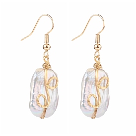 Boucles d'oreilles pendantes en perles baroques naturelles enveloppées de fil keshi, avec crochets d'oreilles en laiton, rectangle, couleur de coquillage