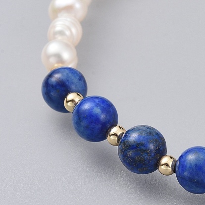 Bracelets élastiques, avec des perles de perles d'eau douce naturelle, perles de pierres précieuses naturelles et véritables perles en laiton plaqué or 18 k