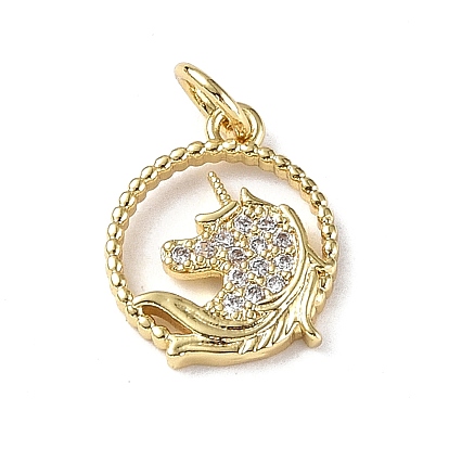 Brass Micro Pave Cubic Zirconia Charms, with Jump Rings, Round Ring & Unicorn Charms