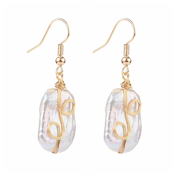 Wire Wrapped Natural Baroque Pearl Keshi Pearl Dangle Earrings, with Brass Earring Hooks, Rectangle, Seashell Color