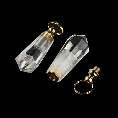 Natural Quartz Crystal Perfume Bottle Pendants, Essentail Oil Diffuser Faceted Bullet Charms with Golden Tone Stainless Steel Findings, for Jewelry Making