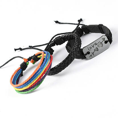 Leather Braided Bead Bracelets, Wax Cord Multi-Strand Bracelets, with Alloy Word Love Charms