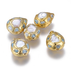 Natural Cultured Freshwater Pearl Beads, with Natural Larimar, Brass Edge Golden Plated, Teardrop