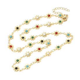 Colorful Enamel Flower Link Chain Necklaces, Brass Jewelry for Women