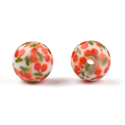 Perles acryliques imprimés opaques, rond avec motif feuille de pot/feuille de chanvre