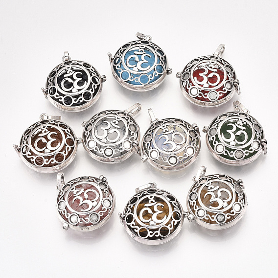 Alloy Cage Big Pendants, Hollow, with Natural/Synthetic Gemstone Beads, Flat Round with Ohm, Antique Silver
