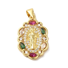 Rack Plating Brass Micro Pave Colorful Cubic Zirconia Pendants, Long-Lasting Plated, Cadmium Free & Lead Free, Flower with Virgin Mary Pattern Charms