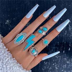 5Pcs 5 Style Synthetic Turquoise Finger Ring Sets for Women, Alloy Stackable Rings, Bolt Lightning & Oval
