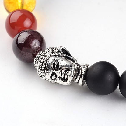 Tête de Bouddha, agate noire naturelle (teinte), bracelets extensibles en perles de chakra, avec des perles de pierres précieuses et de perles en alliage de style tibétain