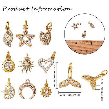 20Pcs 10 Style Brass Micro Pave Cubic Zirconia Charms, with Jump Ring, Long-Lasting Plated, Mixed Shapes
