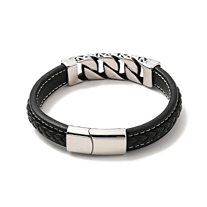 304 Stainless Steel Curb Chains Link Bracelet with Magnetic Clasp, Gothic Bracelet with Microfiber Leather Cord for Men Women