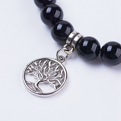 Bracelets naturels stretch agate noire, avec de la pierre mixte, résultats d'alliage et pendentifs en laiton, plat et circulaire avec arbre de vie