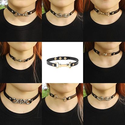 Cool Motorcycle Style PU Leather Lock Collar Chain Necklace with Dark Gothic Pendant and Clasp Decoration