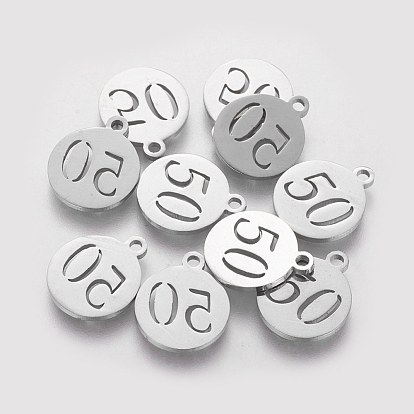 201 Stainless Steel Charms, Flat Round with Number 50