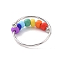 Rainbow Color Glass Beaded Rotating Open Cuff Ring, 201 Stainless Steel Wire Wrap Ring for Anxiety Stress Relief