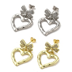 Brass Micro Pave Cubic Zirconia Dangle Stud Earrings, Bowknot & Heart, Lead Free & Cadmium Free, Long-Lasting Plated