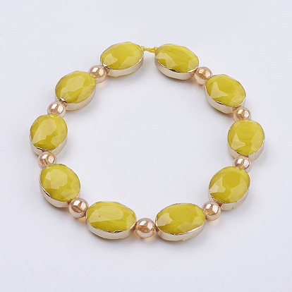 Perles verre opaque brins, avec les accessoires en laiton, facette, ovale