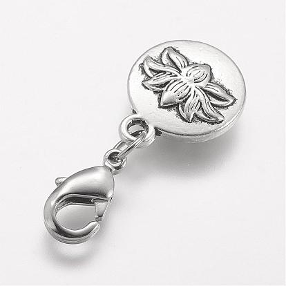 Tibetan Style Zinc Alloy Pendants Decorations, with Brass Lobster Claw Clasps, Flat Round with Lotus Flower