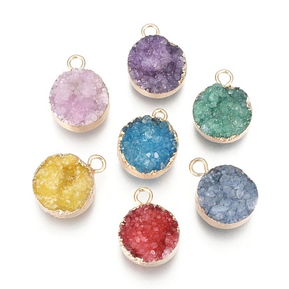 Natural Druzy Agate Pendants, with Real 18K Gold Plated Brass Finding, Long-Lasting Plated, Flat Round, Dyed