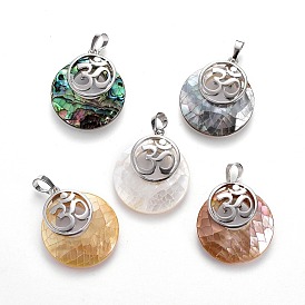 Natural Shell Pendants, with Platinum Tone Brass Findings, Flat Round with Ohm