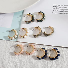 Natural Stone Beaded Earrings with Fashionable European Style and Genuine Gold Plating