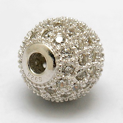 Redondas perlas de plata de ley 925, con micro allanar zirconia cúbico