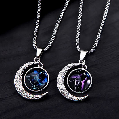 Synthetic Luminaries Stone Moon with 12 Constellations Pendant Necklace, Stainless Steel Jewelry for Women, Stainless Steel Color