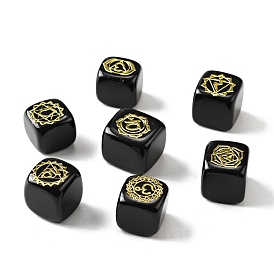 7pcs 7 styles perles d'obsidienne naturelle, avec des tranches de motif de chakra en laiton doré plaqué de longue durée, sans plomb et sans cadmium, sans trou, cube